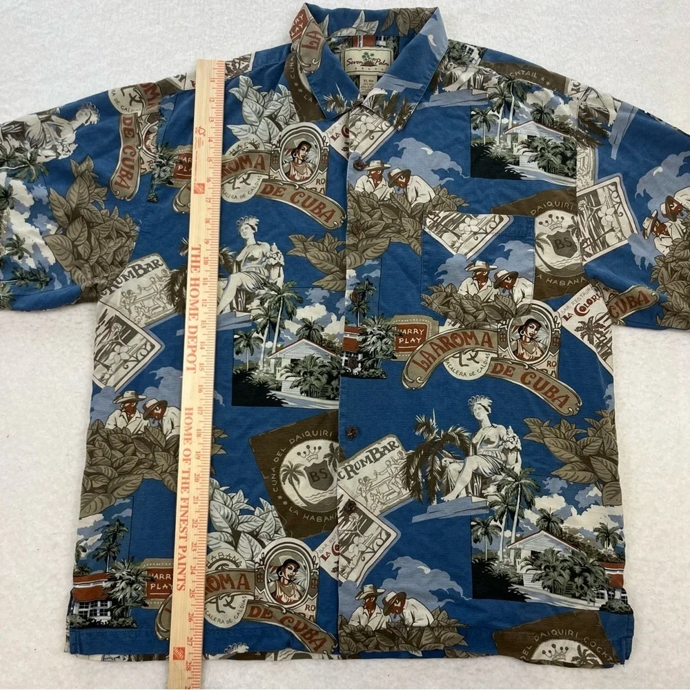 Seven Palm Brand Hawaiian Mens Shirt Silk Blue Short Sleeve Button Down Size XL